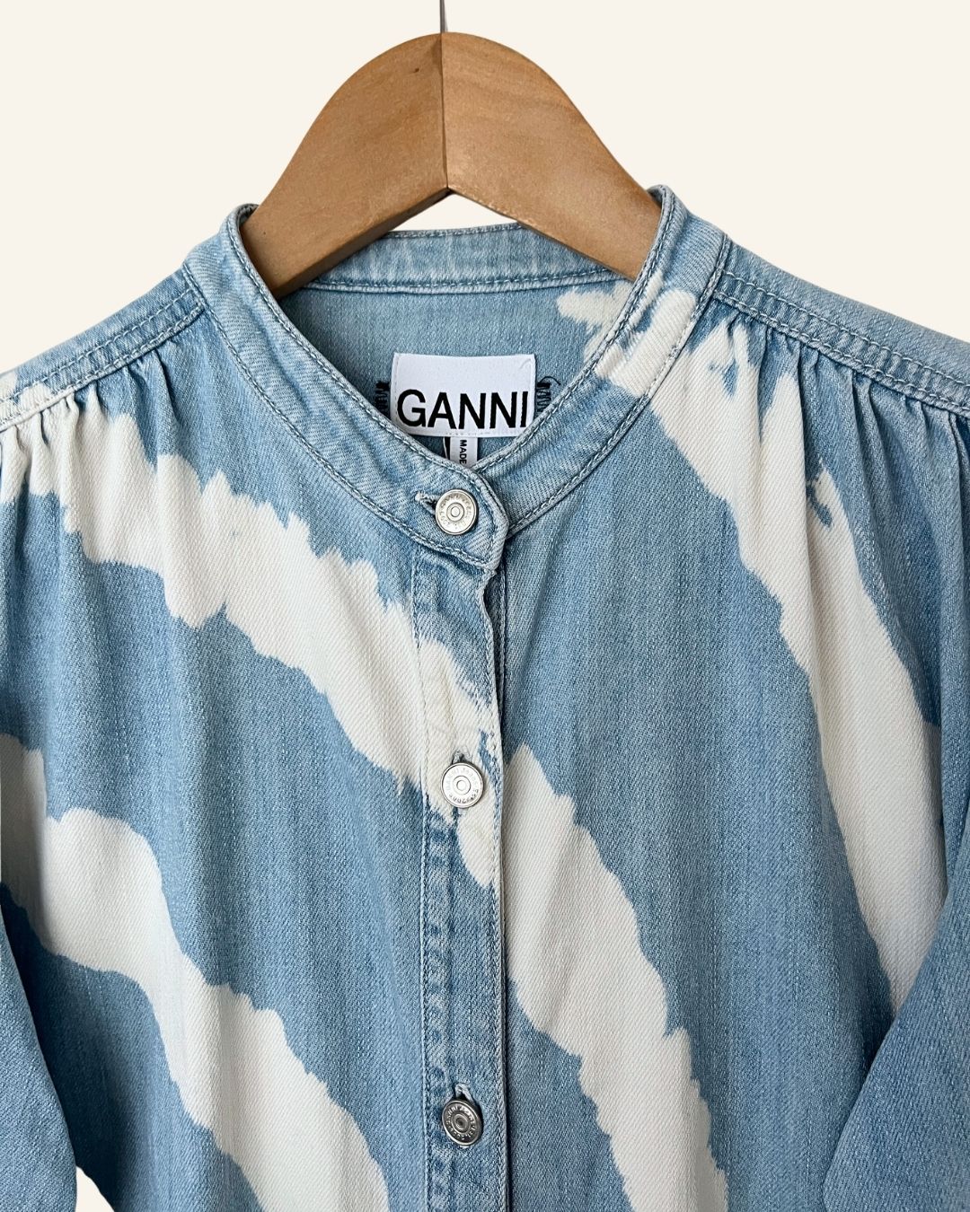 GANNI Acadia tie dye bleach spiral light blue jeans denim long dress
