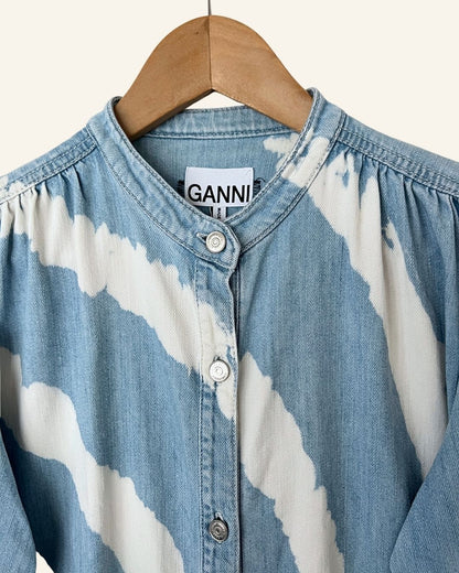 GANNI Acadia tie dye bleach spiral light blue jeans denim long dress