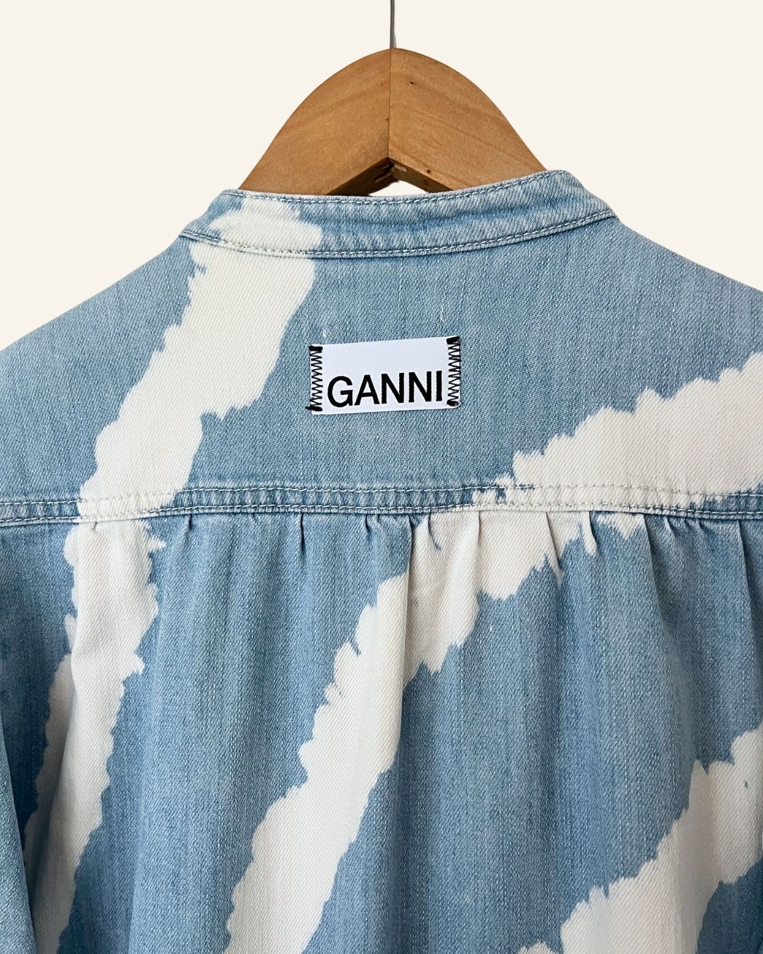 GANNI Acadia tie dye bleach spiral light blue jeans denim long dress