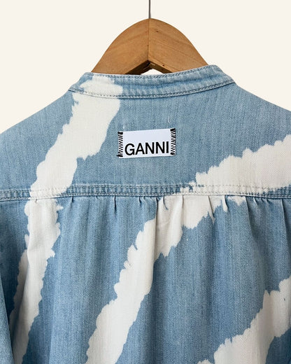 GANNI Acadia tie dye bleach spiral light blue jeans denim long dress