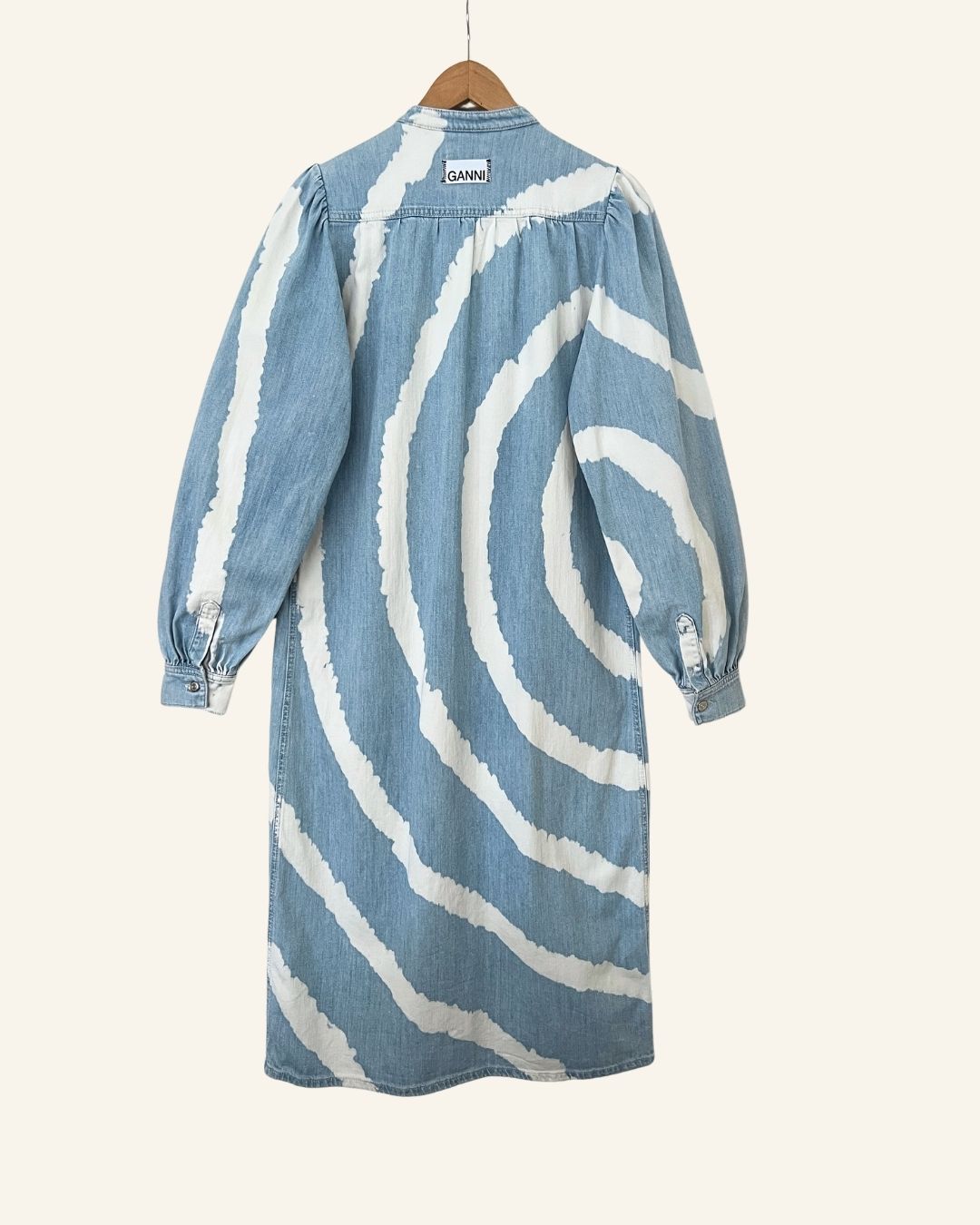 GANNI Acadia tie dye bleach spiral light blue jeans denim long dress