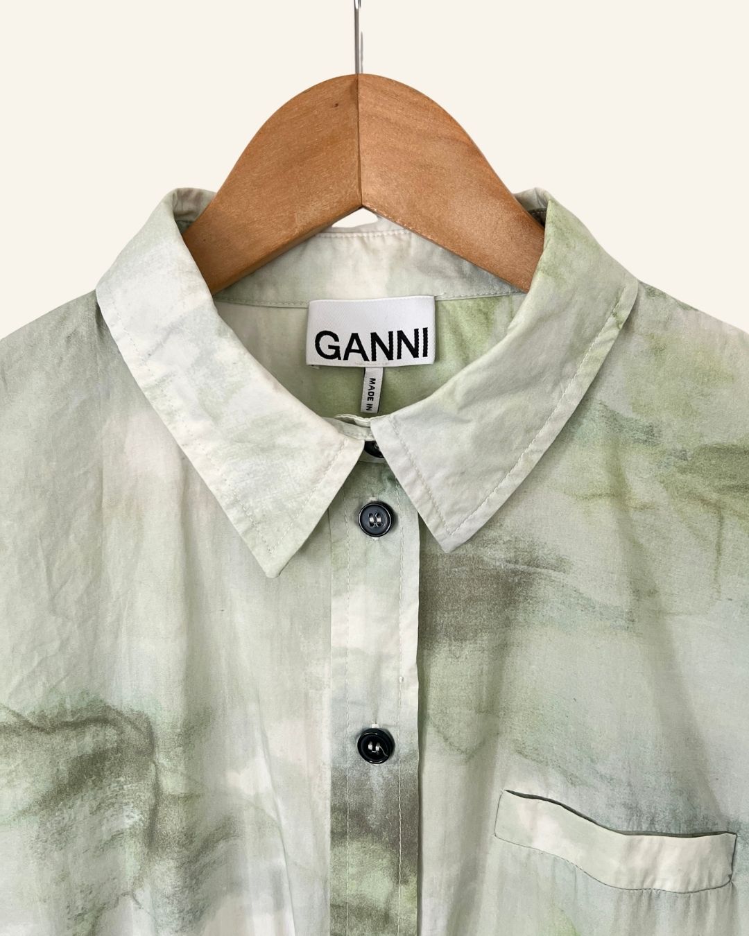 GANNI buttoned long dress in mint green tie & dye organic cotton poplin