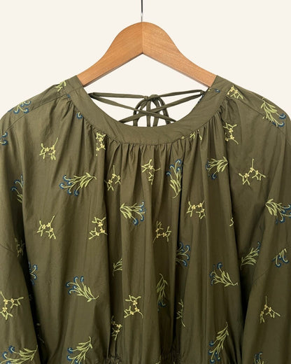 RODEBJER Kaki oversize embroidered poplin cotton long dress with&nbsp;laced ribbons on the back