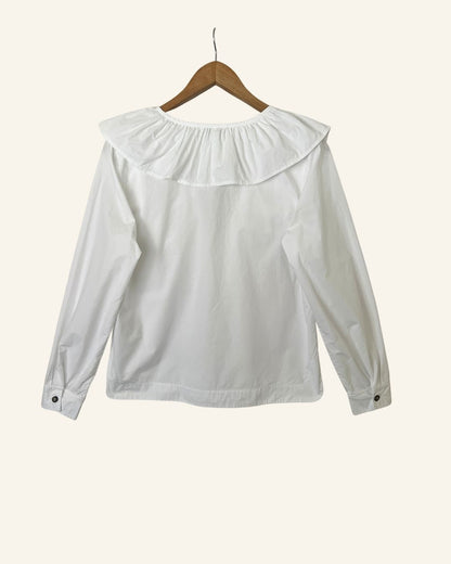 GANNI white ruffled laced organic cotton poplin blouse