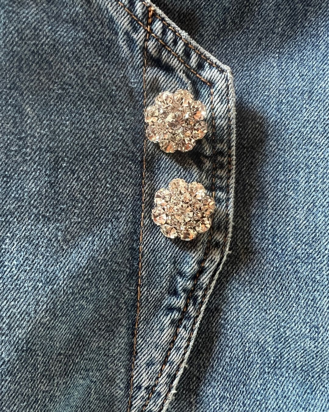 GANNI relaxed wrap crystal flower button organic denim jacket