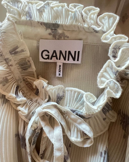 GANNI long pleated cream sheer dress with floral print and ruffles