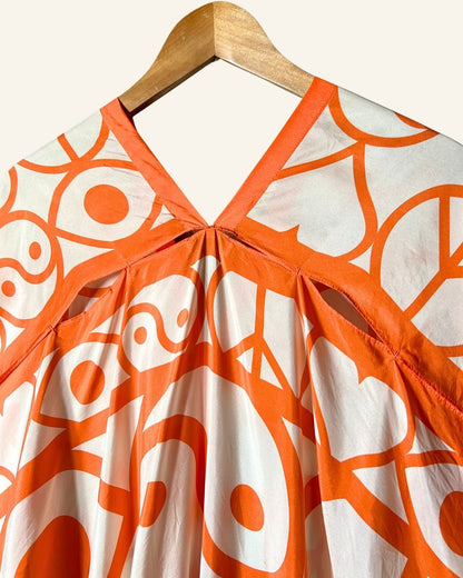 RODEBJER iconic silk Agave Symbols oversize caftan dress in off white and orange