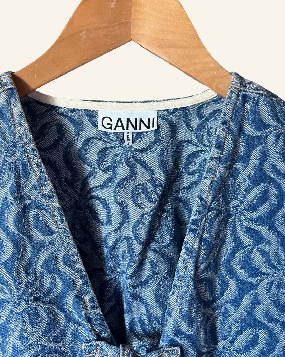 GANNI floral jacquard knots blue denim peplum blouse