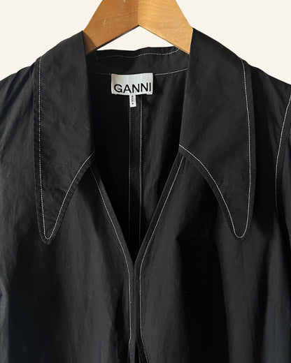 GANNI black organic cotton poplin long dress with puff sleeves