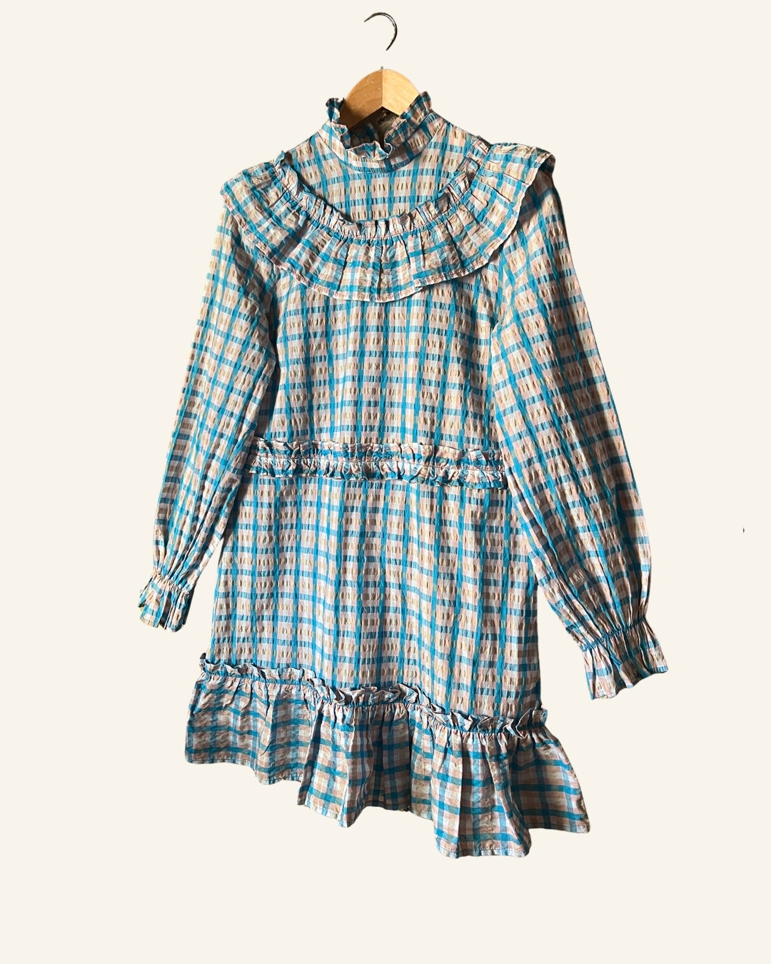 GANNI colorful blue seersucker checked prairie mini dress