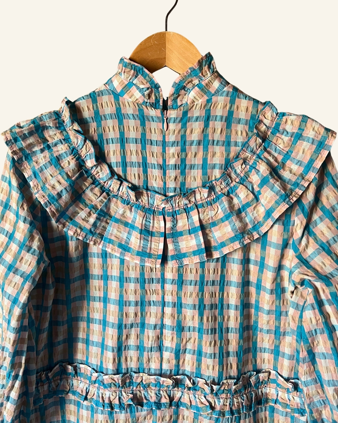 GANNI colorful blue seersucker checked prairie mini dress