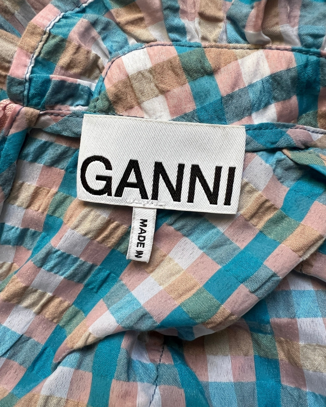 GANNI colorful blue seersucker checked prairie mini dress