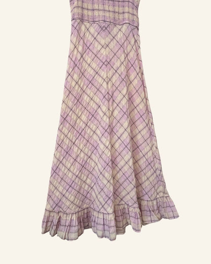 GANNI Beautiful long lilac and cream ruffled seersucker checked summer dress
