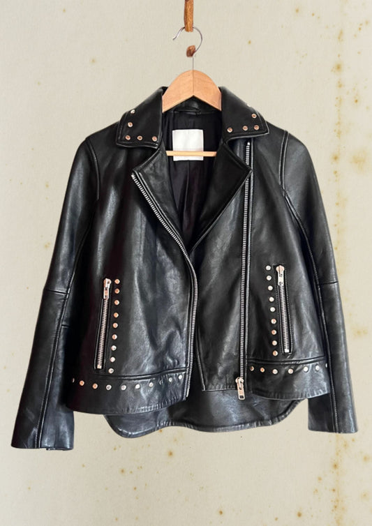 samsoesamsoe black leather biker jacket collard perfecto silver studs zipper