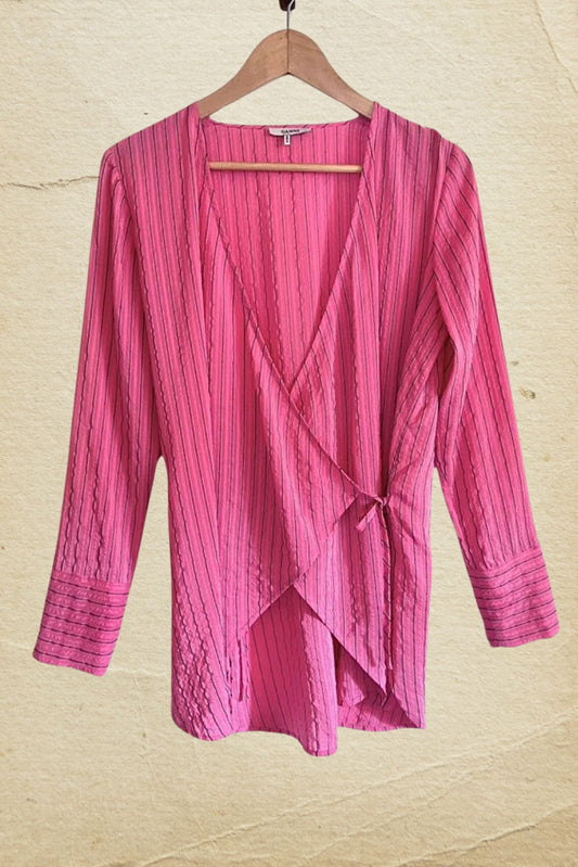 ganni lynch seersucker pink black stripe wrap shirt blouse silk