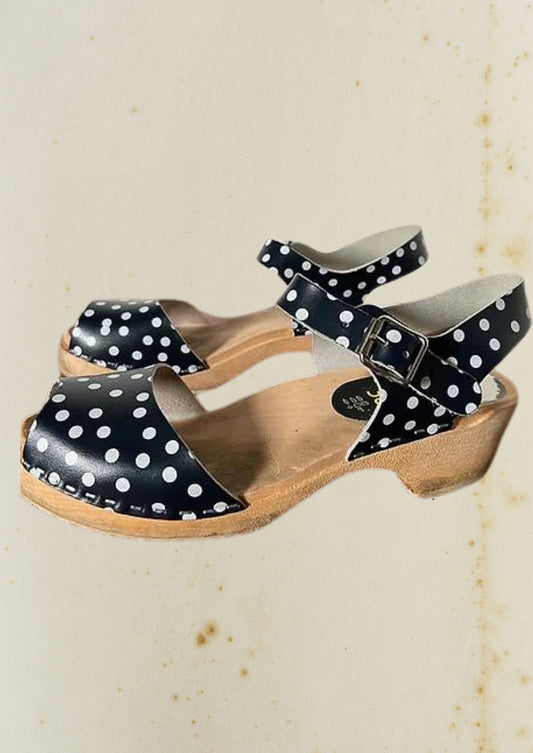 navy blue white polka dot clog shoe swedish wood leather open toe