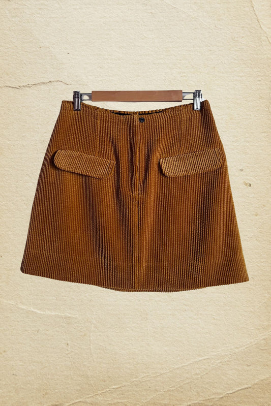 secondfemale mustard brown corduroy velvet pockets mini-skirt