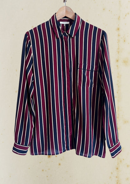 ganni stripe burgundy red navy blue silk shirt pocket