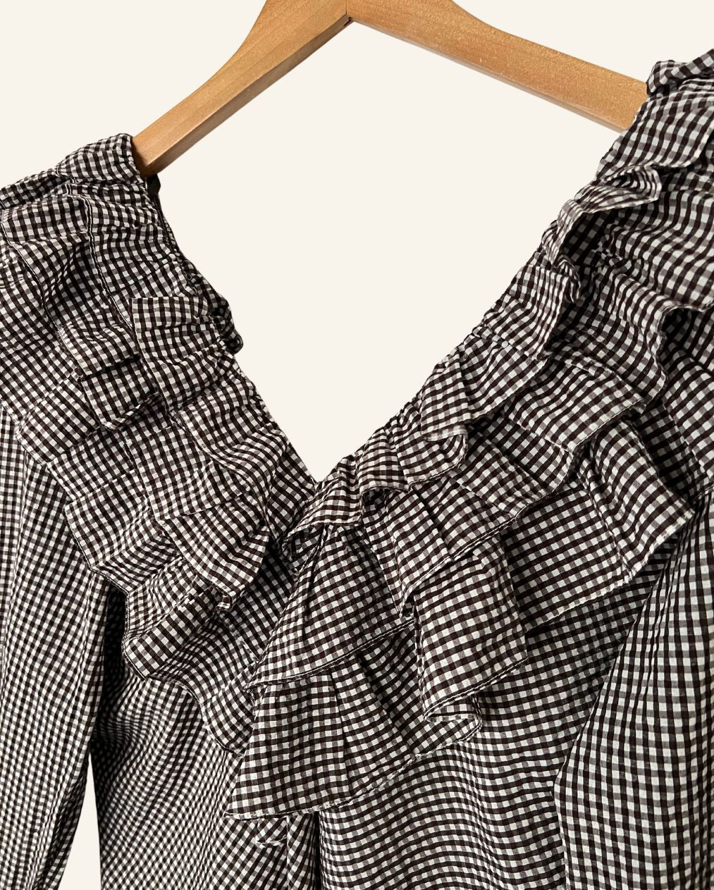 GANNI seersucker gingham checked ruffled puff sleeves blouse charron