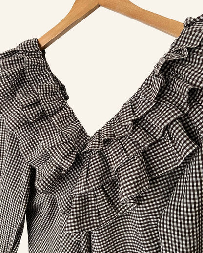 GANNI seersucker gingham checked ruffled puff sleeves blouse charron