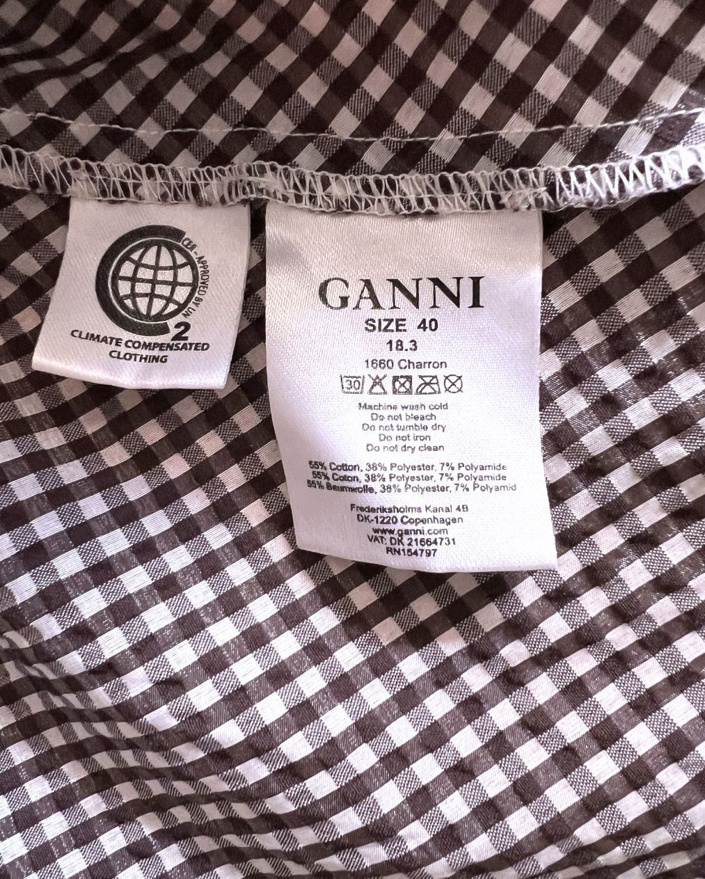 GANNI seersucker gingham checked ruffled puff sleeves blouse