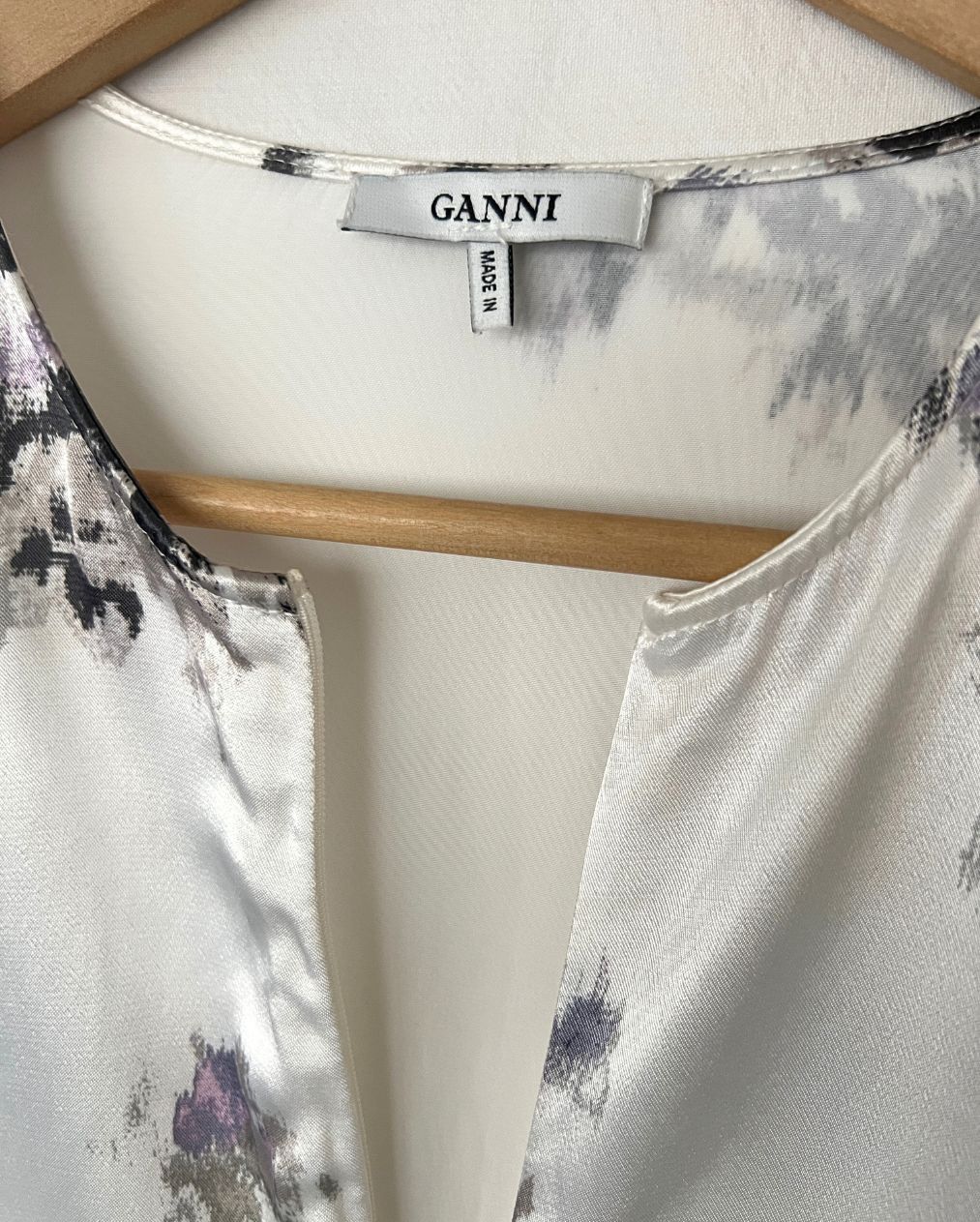 GANNI white satin oversize ruffled puff sleeves blouse