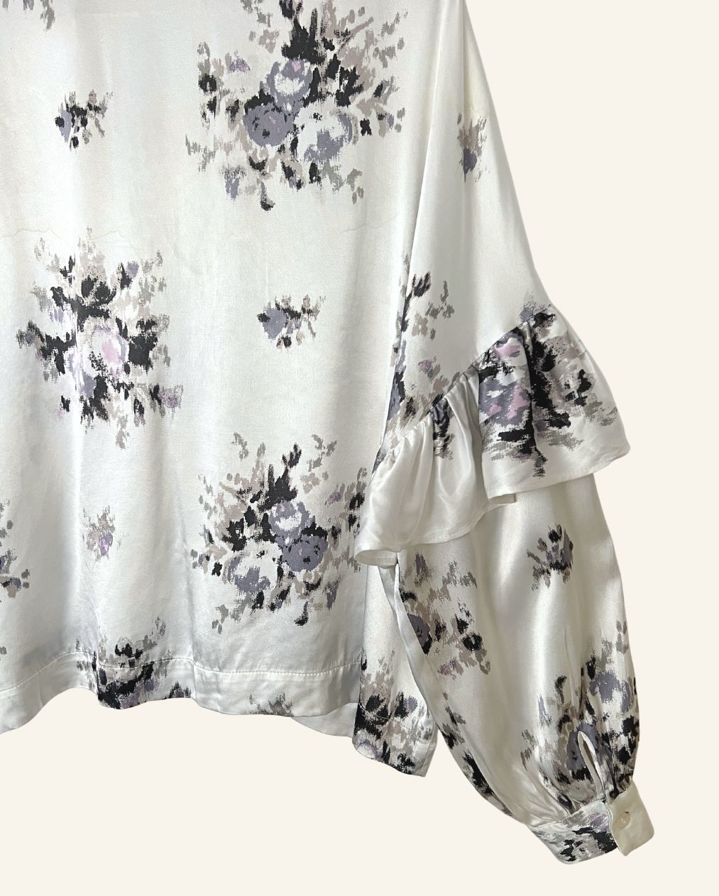 GANNI white satin oversize ruffled puff sleeves blouse