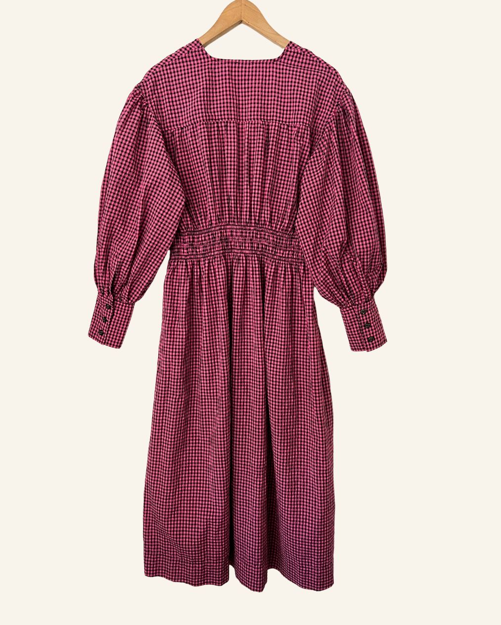 Seersucker gingham long midi dress  pink black puff sleeves ganni