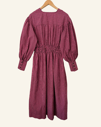 Seersucker gingham long midi dress  pink black puff sleeves ganni