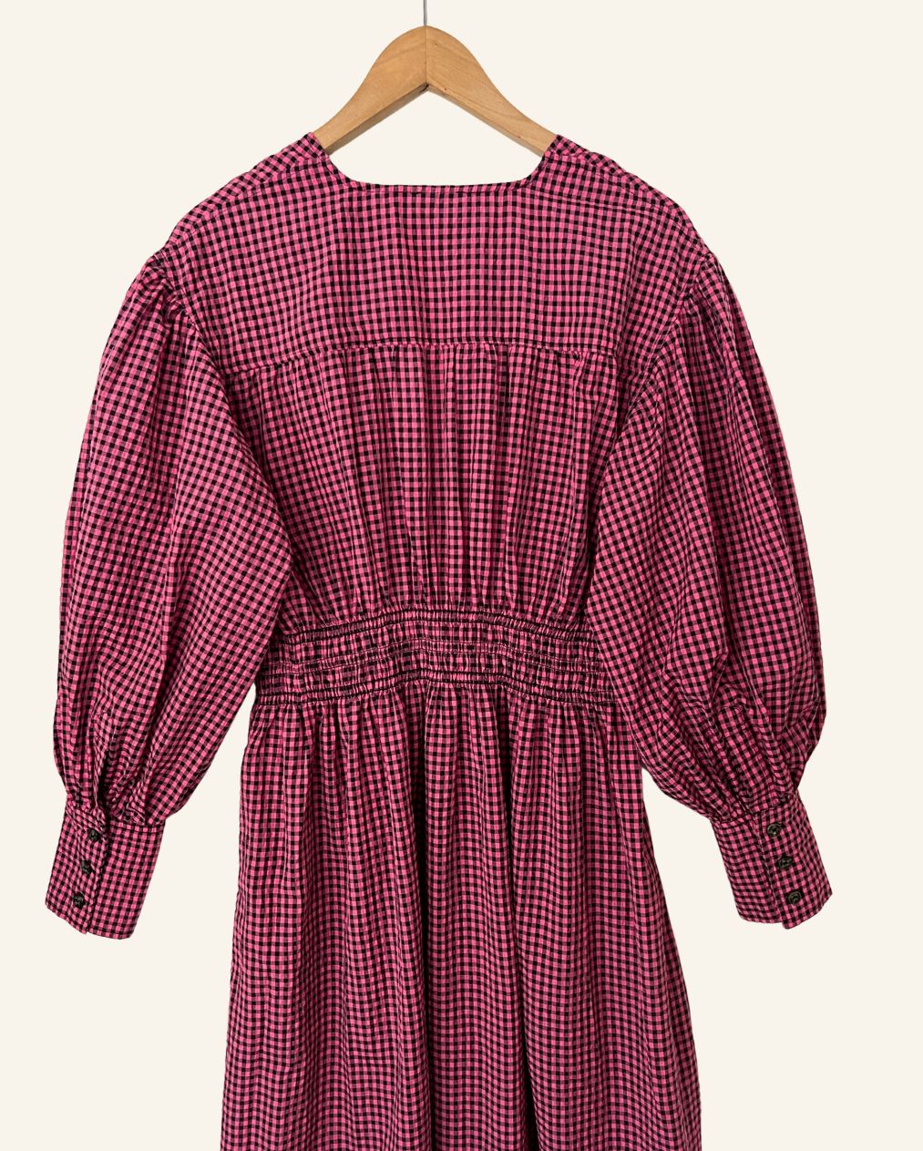 Seersucker gingham long midi dress  pink black puff sleeves ganni