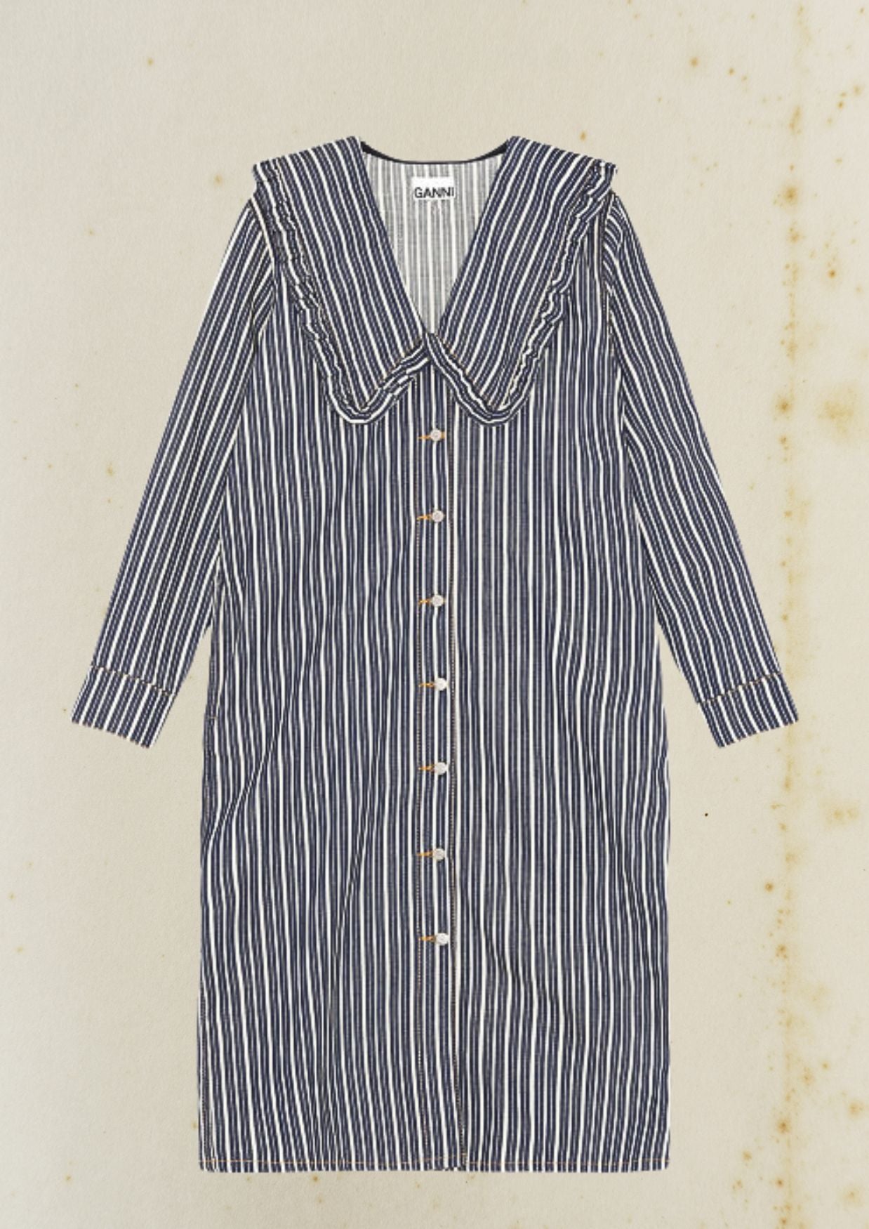 ganni coton shirt dress white stripe blue denim coton collar ruffle peter pan neck