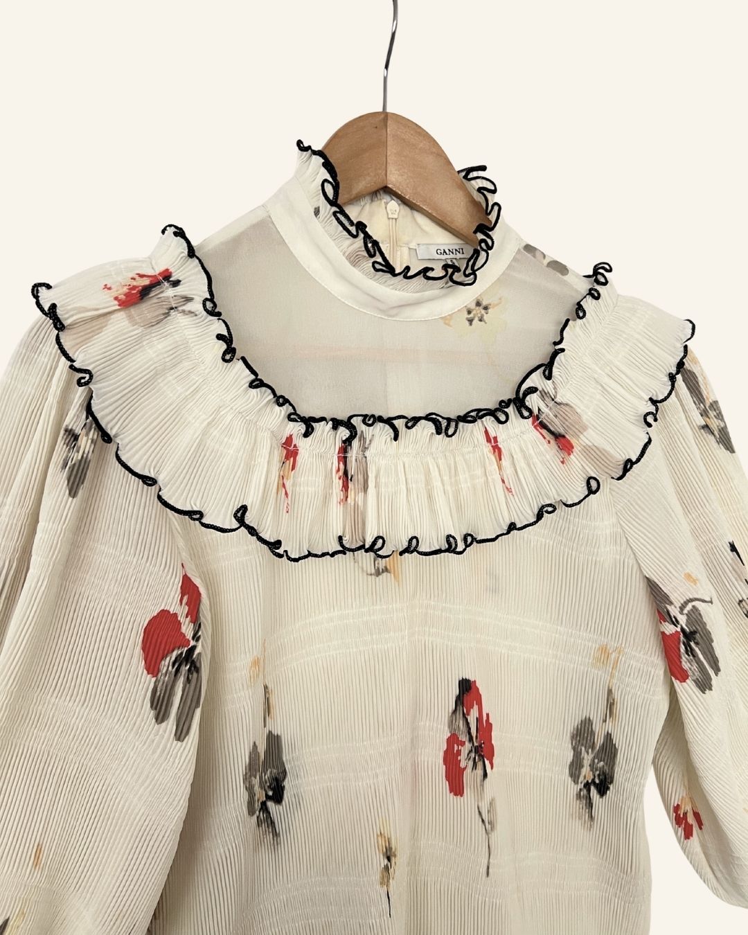 GANNI pleated cream ruffled blouse with puff sleeves