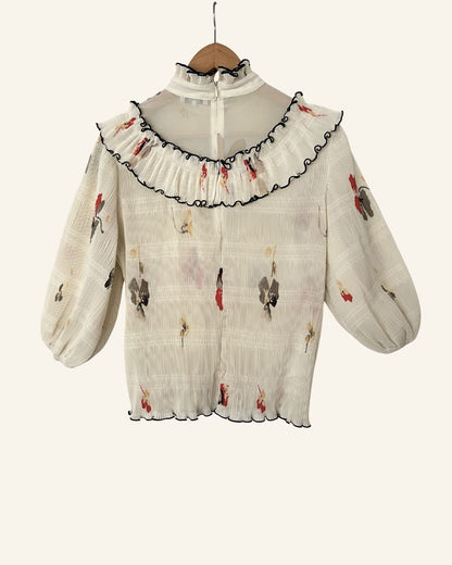 GANNI pleated cream ruffled blouse with puff sleeves