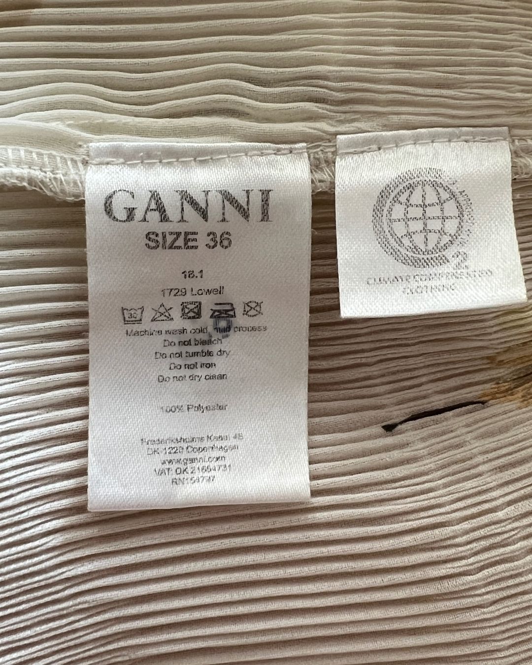 GANNI pleated cream ruffled blouse with puff sleeves