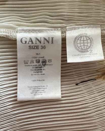 GANNI pleated cream ruffled blouse with puff sleeves