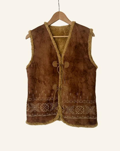 Fauxfur brown embroidered nordic vest