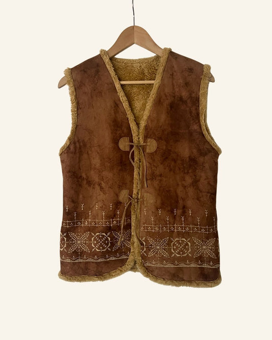 Fauxfur brown embroidered nordic vest