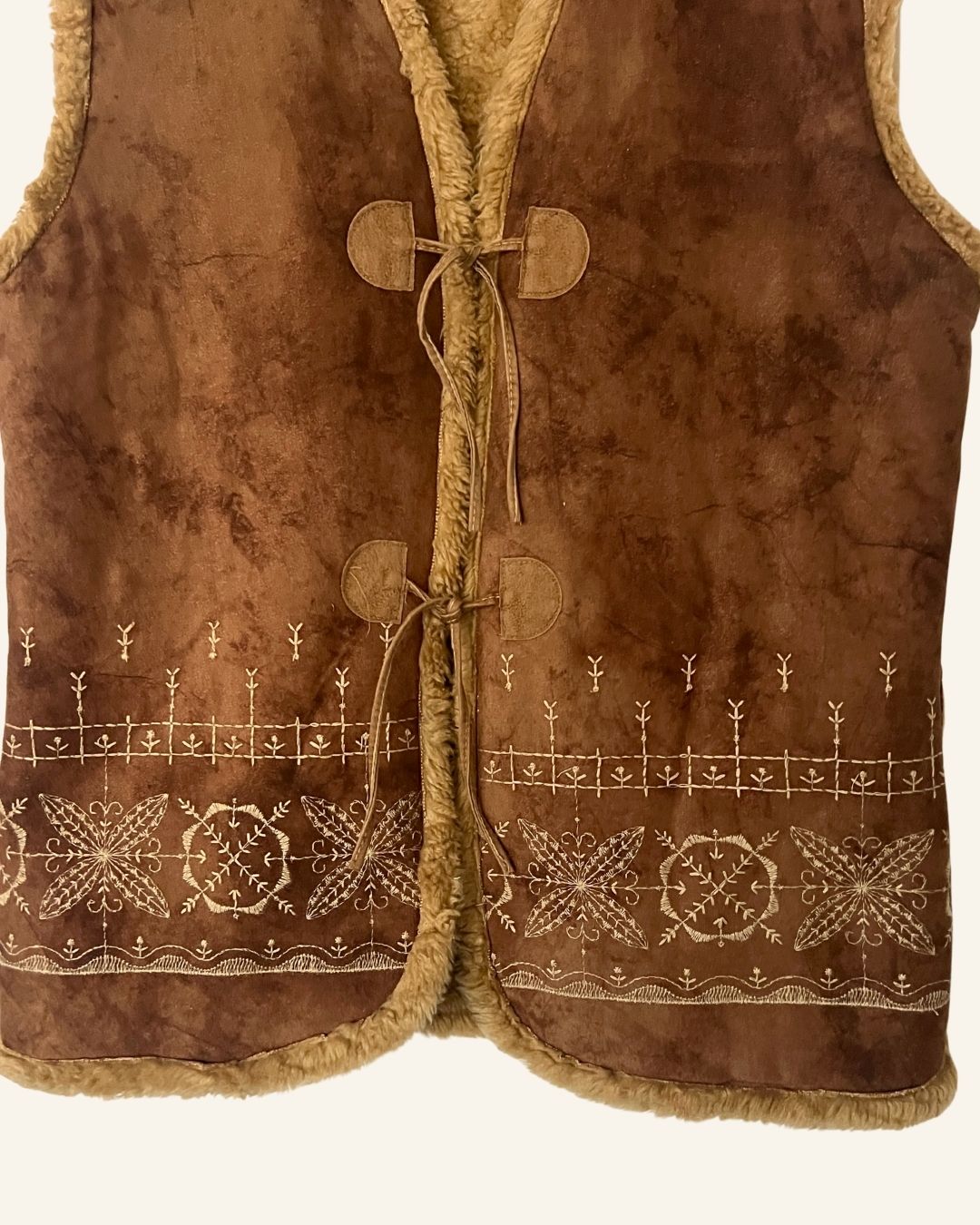 Fauxfur brown embroidered nordic vest