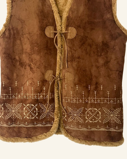 Fauxfur brown embroidered nordic vest