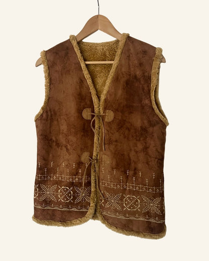 Fauxfur brown embroidered nordic vest
