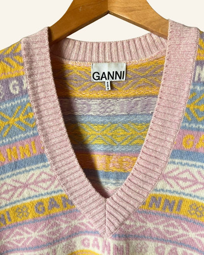 GANNI sleeveless V-neck knit wool sweater with logo
