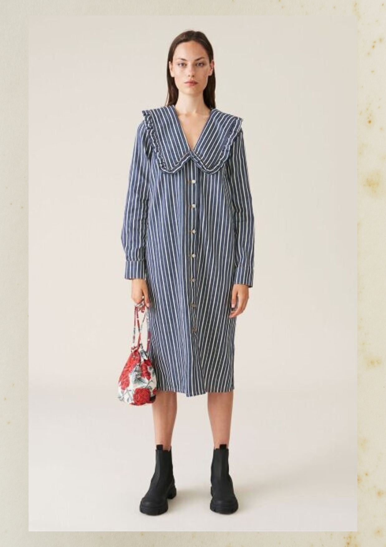 ganni coton shirt dress white stripe blue denim coton collar ruffle peter pan neck