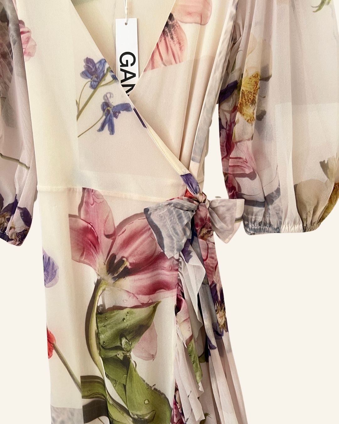 GANNI tilden mesh floral printed ruffled off white long wrap dress with puff sleeves