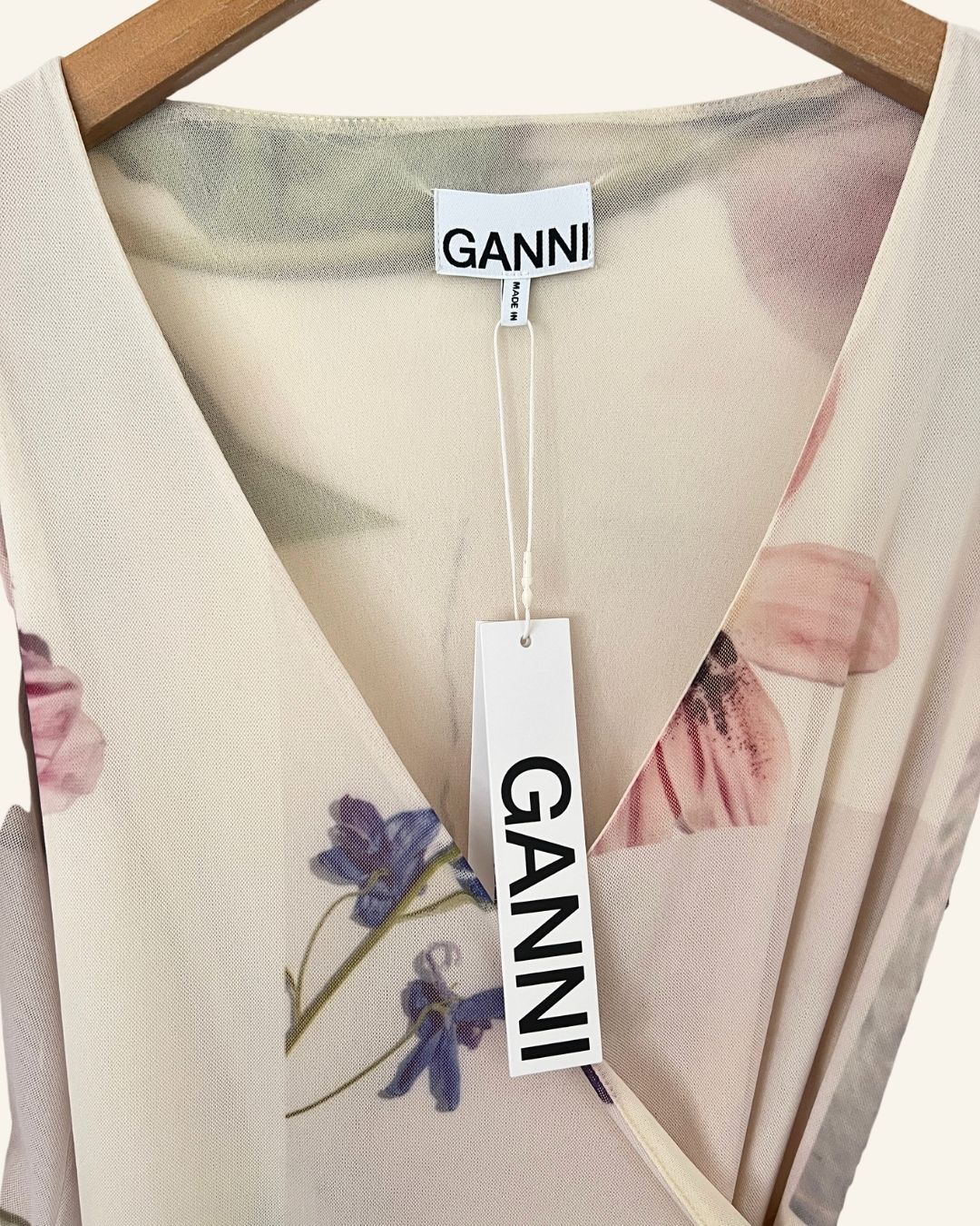 GANNI floral printed ruffled off white long wrap dress with puff sleeves