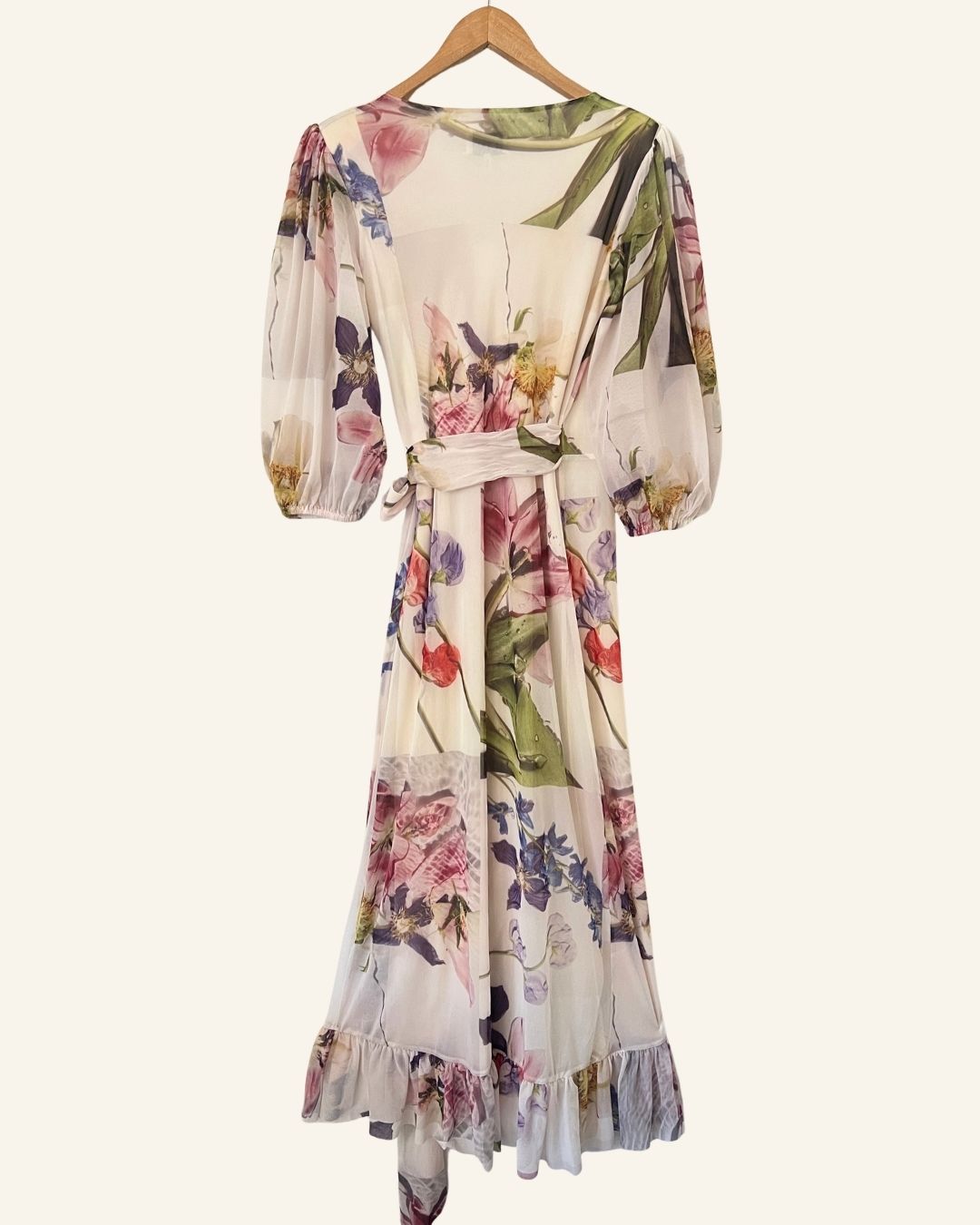 GANNI tilden mesh floral printed ruffled off white long wrap dress with puff sleeves