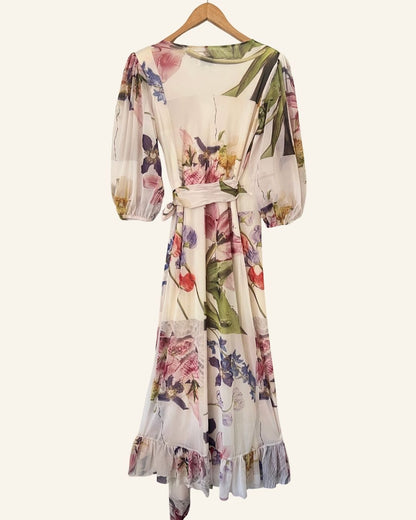 GANNI tilden mesh floral printed ruffled off white long wrap dress with puff sleeves