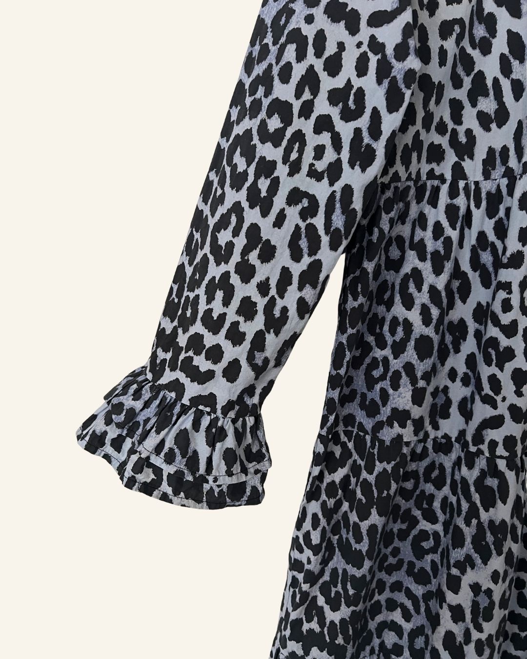 GANNI blue leopard print ruffle cotton poplin long dress