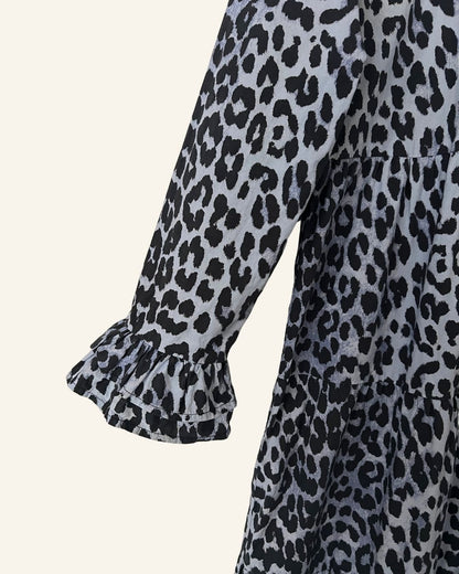 GANNI blue leopard print ruffle cotton poplin long dress