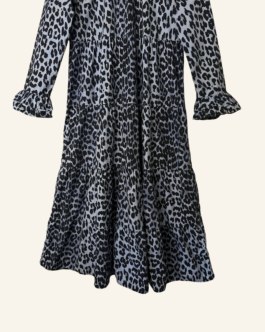 GANNI blue leopard print ruffle cotton poplin long dress