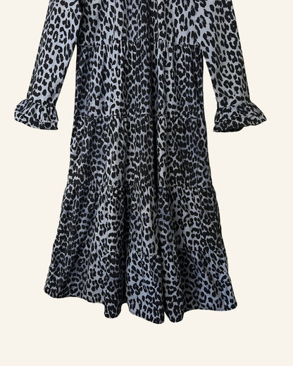 GANNI blue leopard print ruffle cotton poplin long dress